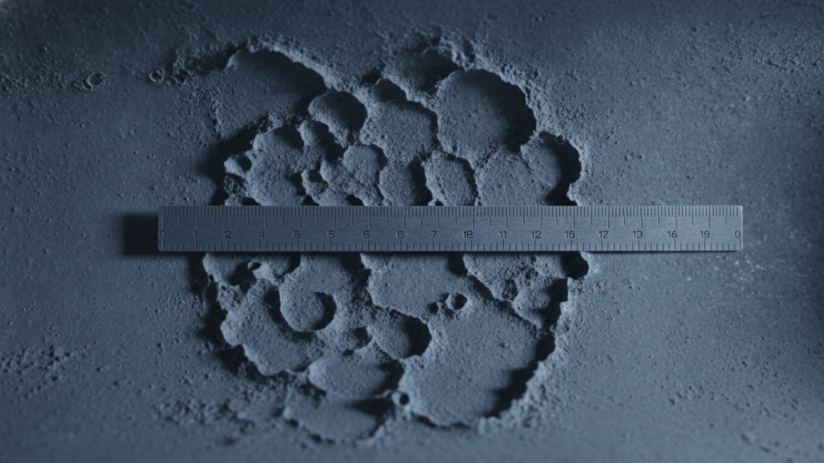 A steel ruler with numbered graduations lies horizontally across a cluster of overlapping rounded pits eroded into a gray, grainy surface, photographed from directly above in cool blue-gray light.