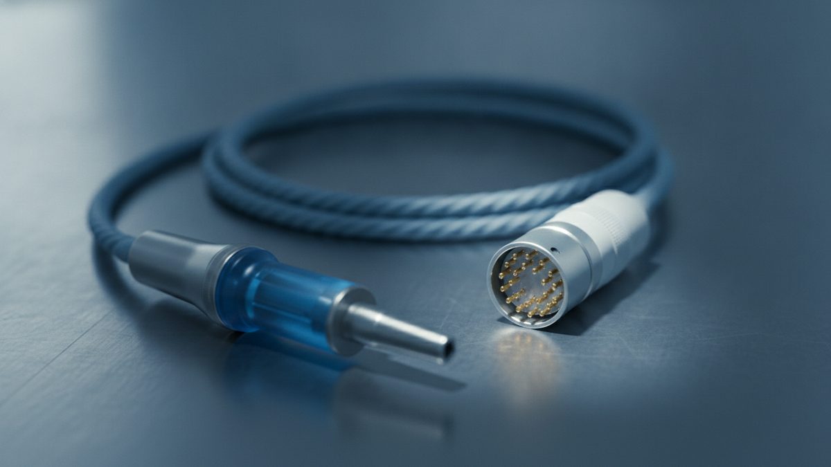 A coiled blue braided cable lies on a brushed metal surface, with a translucent blue connector and slim metal tip at one end and a round metal connector holding rows of gold pins at the other, the background fading into soft blue-gray light.