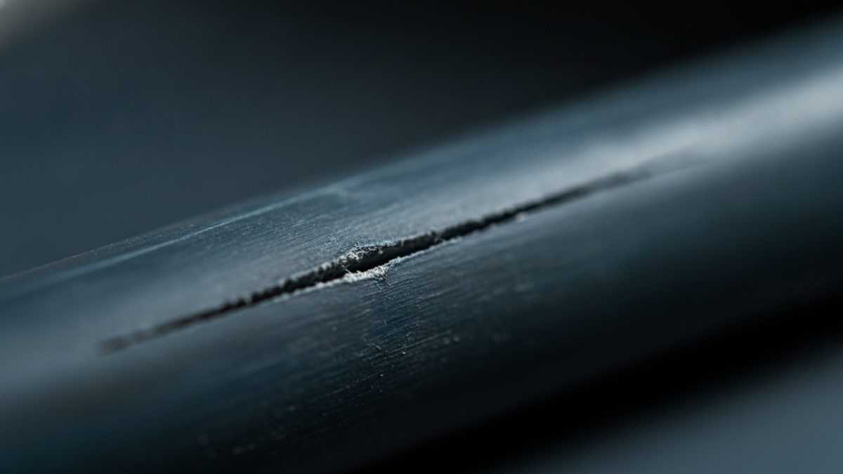 A close-up of a dark blue-gray pipe running diagonally across the frame, split along its length by a narrow slit with a small patch of pale, frayed material at one edge, fine scratches along the pipe’s surface, and the background falling away into soft blur.