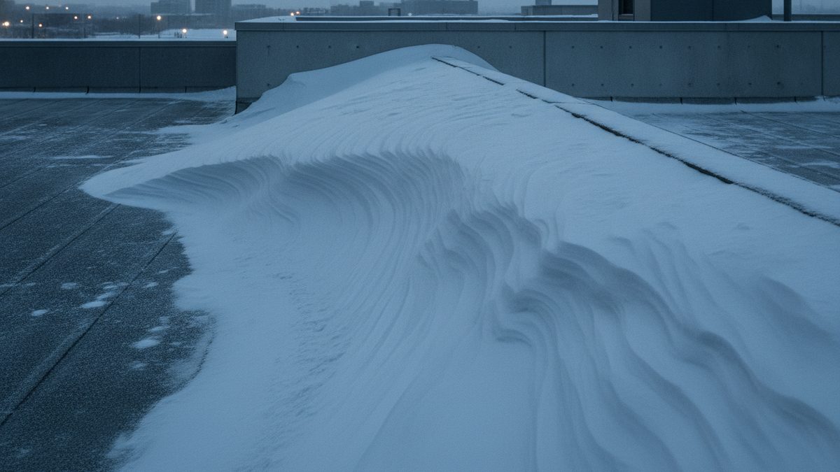 A large wind-sculpted snow drift, its surface rippled with curving ridges, rises across a flat gray roof toward a higher concrete wall at the back, with thin snow and bare roof membrane on either side and a snow-covered city with streetlights visible in the blue dusk beyond.
