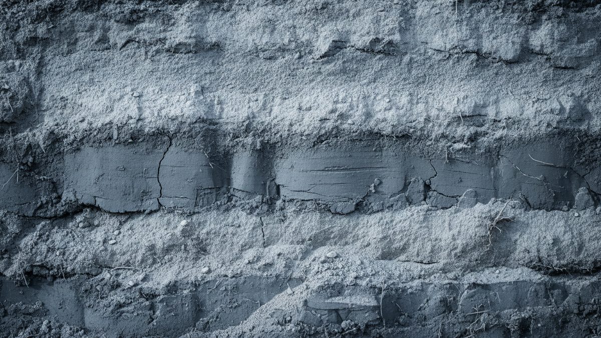 A close-up of an exposed earth wall in horizontal layers, with pale, crumbly granular bands alternating with darker, smoother bands of cracked, clay-like soil, small pebbles and thin dry roots scattered across the face, all in a cool blue-gray tone.