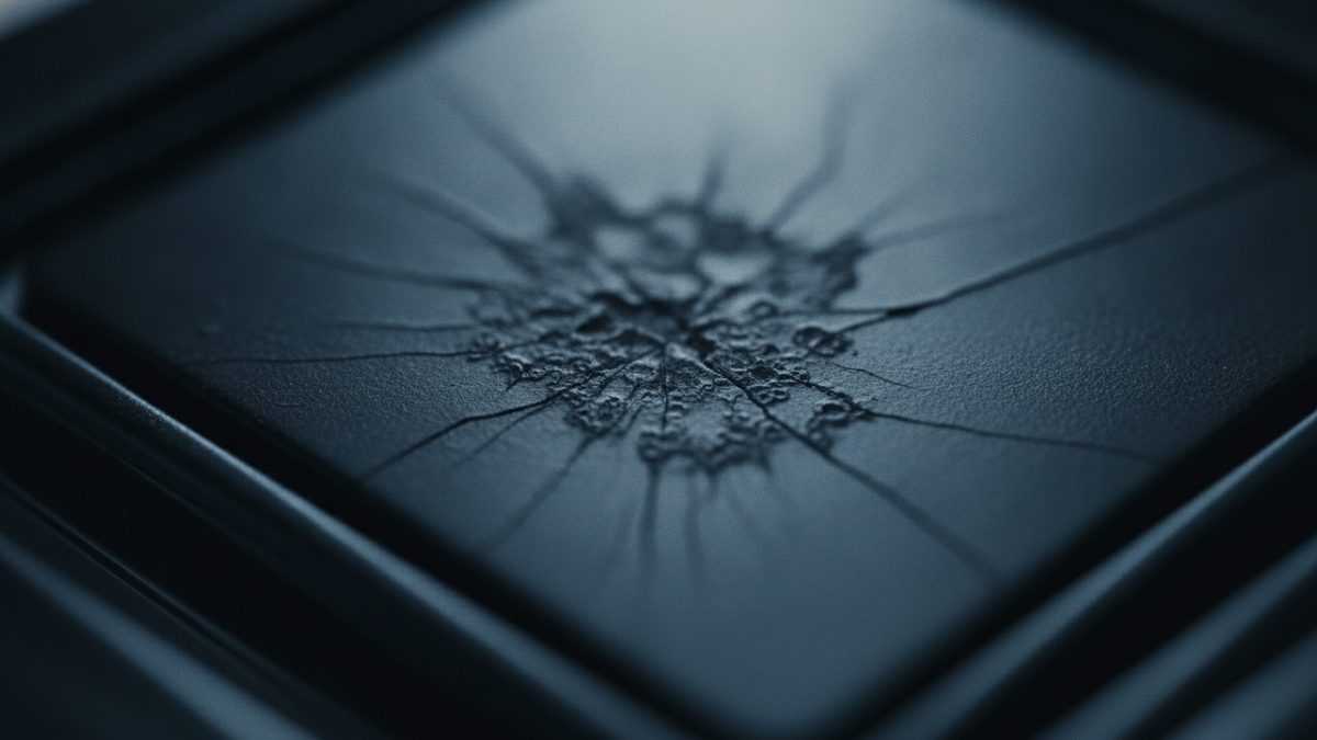 A dark, low-key close-up of a square slate-gray panel set in a black frame, with a rough, bubbled patch at its center from which thin cracks radiate across the surface, the frame edges blurred out of focus.