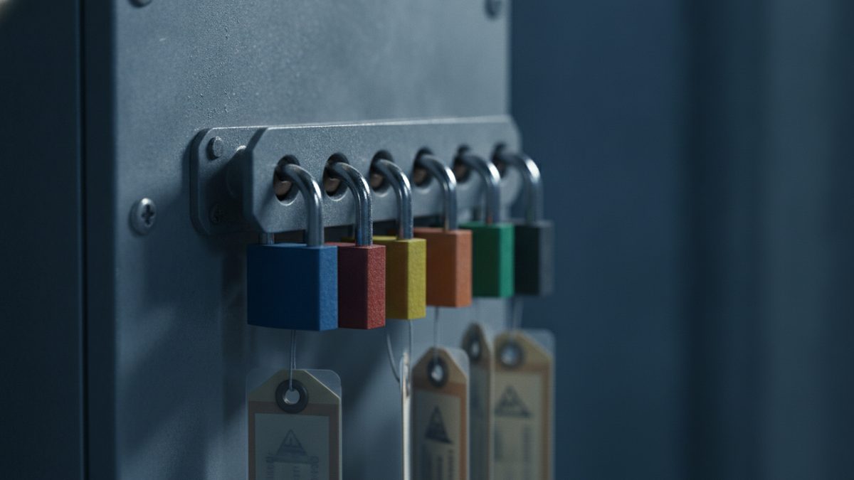 Close-up of six padlocks in blue, red, yellow, orange, green and black hanging in a row from a gray metal bar screwed to the side of a gray cabinet, with cream paper tags printed with warning triangles dangling beneath them against a blurred dark blue background.