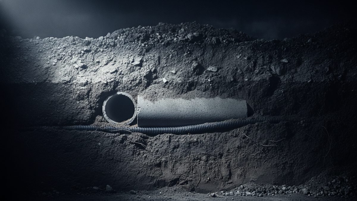 A cross-section of dark, rocky soil, lit from the upper left against a black background, shows a gray cylindrical pipe lying horizontally in the earth with its hollow open end facing the viewer, and a ribbed black corrugated conduit running beneath it across the width of the frame.
