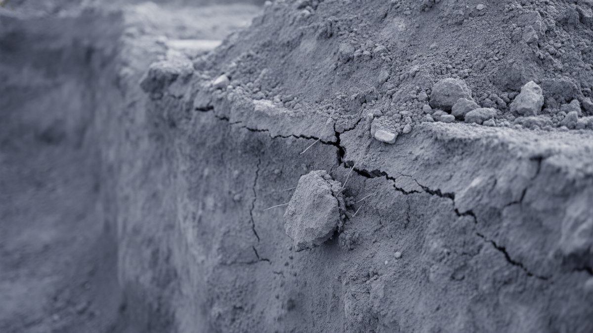 A close-up of the edge of an excavated trench in muted blue-gray tones, with loose soil and small stones heaped along the top, dark cracks running through the soil wall just below the edge, a lump of soil lodged in the face, and the trench receding out of focus to the left.