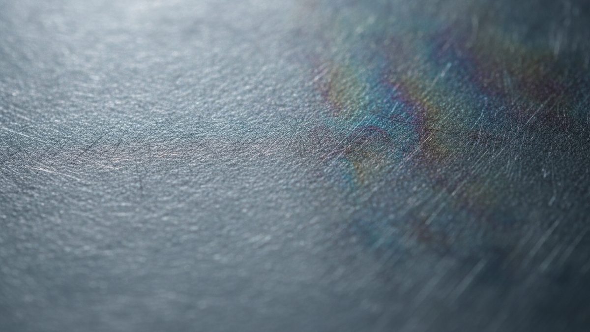 A close-up of a gray, finely textured metal surface covered in fine scratches, with an iridescent rainbow sheen spreading across the right side and the edges of the frame falling out of focus.