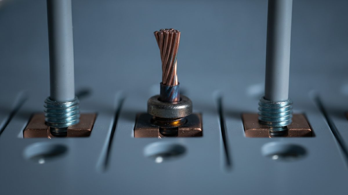 A close-up of a gray terminal block with three positions on square copper pads, where gray rods with threaded, zinc-plated ends sit in the two outer positions and a bare stranded copper conductor rises from a ring nut and a heat-tinted blue and purple sleeve in the center position.