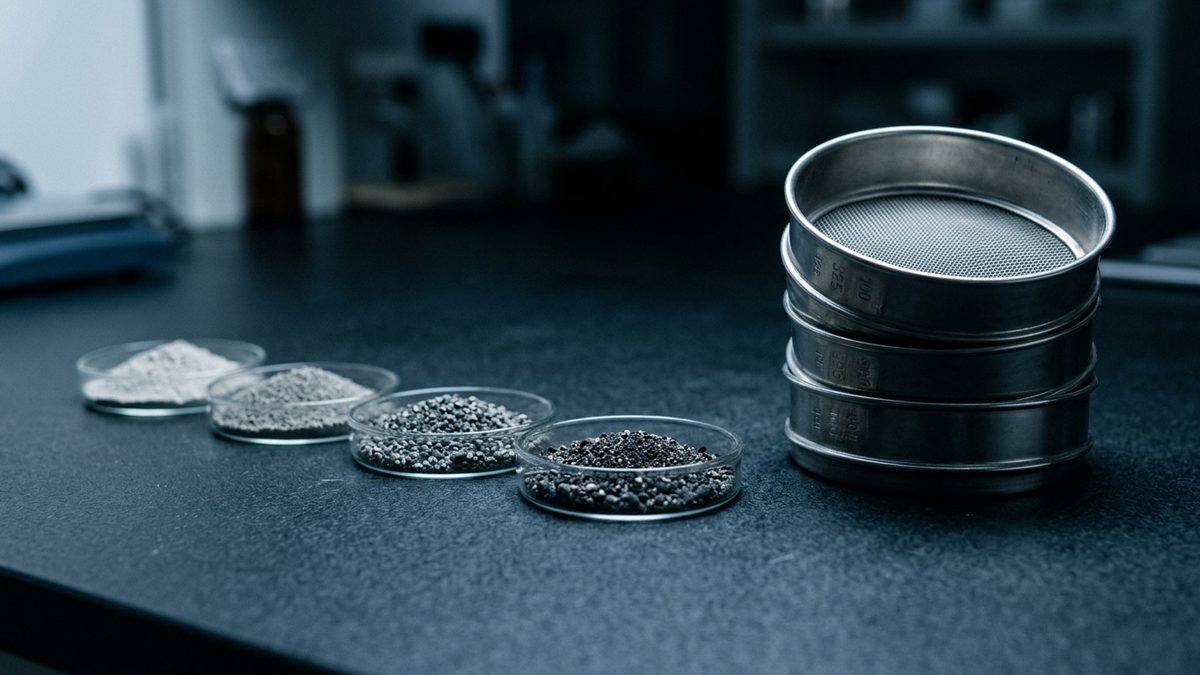 Four small glass dishes of granular material, ranging from a fine pale gray powder to coarse black grains, sit in a row on a dark laboratory bench beside a stack of stainless steel test sieves, with shelving blurred in the background.