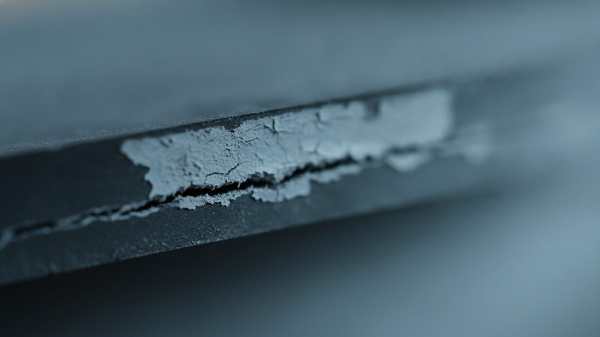 A close-up of the edge of a dark gray slab running diagonally across the frame, where a patch of pale, chalky material is cracking and flaking away along a dark split, against a soft-focus blue-gray background.