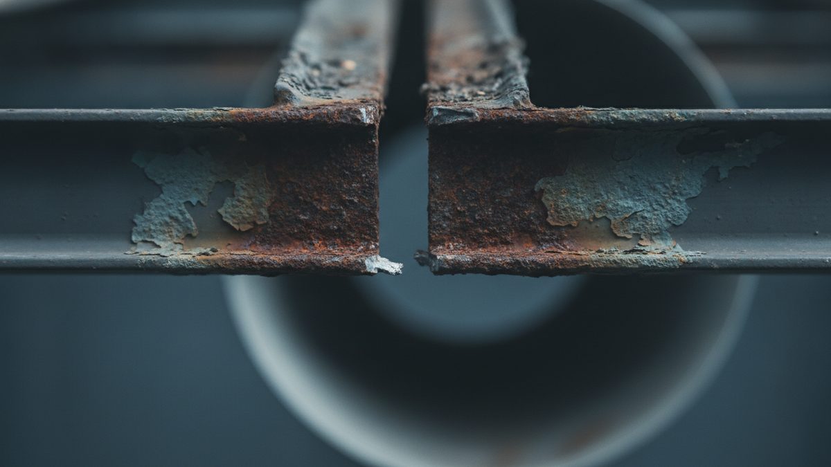 A close-up of two rusted steel channel sections whose ends nearly meet in the center of the frame, their gray paint peeling away to expose scaled, pitted corrosion, in front of a large blurred circular opening against a dark blue-gray background.