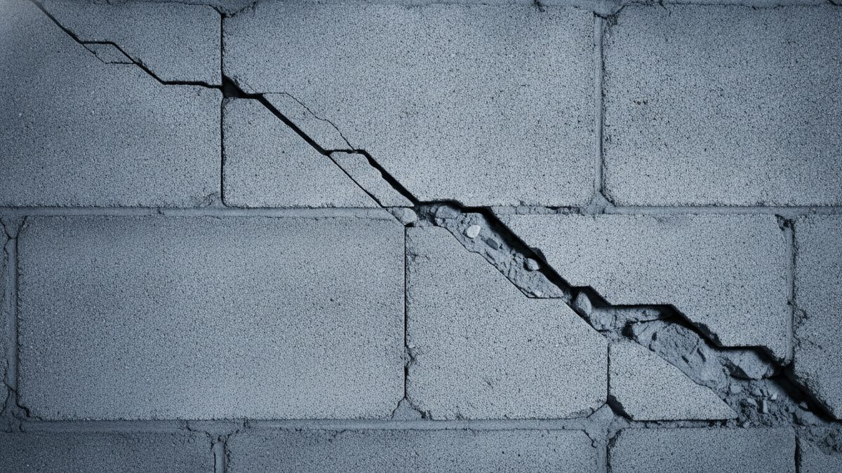 A close-up of a gray concrete block wall split by a jagged diagonal crack that runs from the upper left to the lower right, widening and crumbling toward the bottom right.