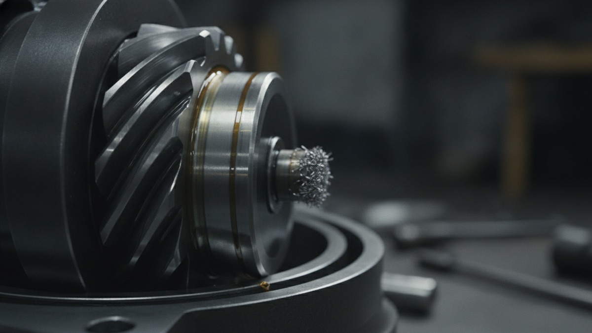 A helical gear and polished shaft end inside an opened gearbox, a crown of fine metallic wear debris clinging to the shaft tip and a ring of amber lubricant on the adjacent collar, in dim, cool workshop light.