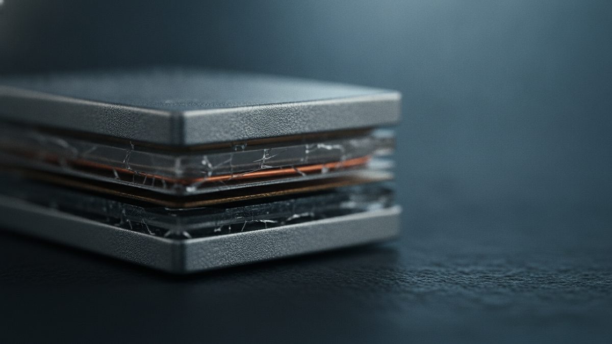 A close-up of a flat rectangular stack of layers, with two brushed gray metal plates enclosing cracked, glass-like sheets and a thin copper-colored strip, resting on a dark textured surface against a blurred blue-gray background.