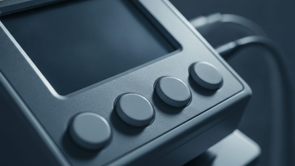 A close-up of a dark gray electronic device control panel with a blank rectangular screen above a row of four round push buttons, a cable curving away in the blurred background and a pale bracket at the lower right, lit in cool blue-gray tones.