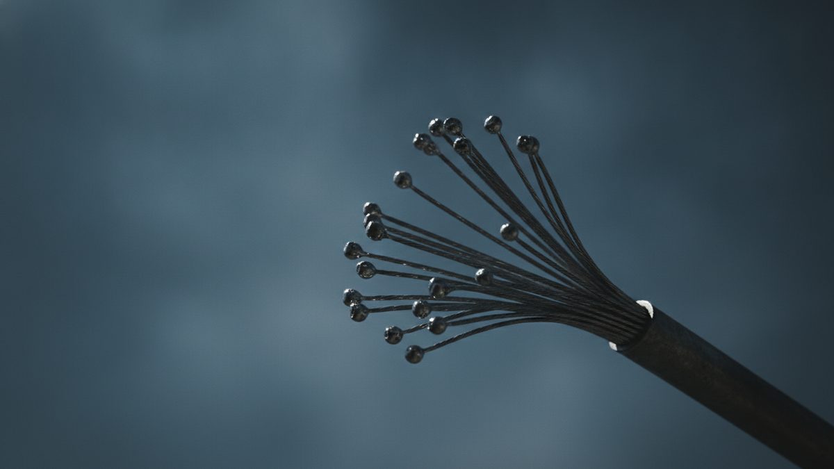A thick black cable enters from the lower right against a blurred, cloudy blue-gray sky, its end stripped back so that about two dozen thin bare wire strands fan outward, each strand tipped with a small round bead of metal.