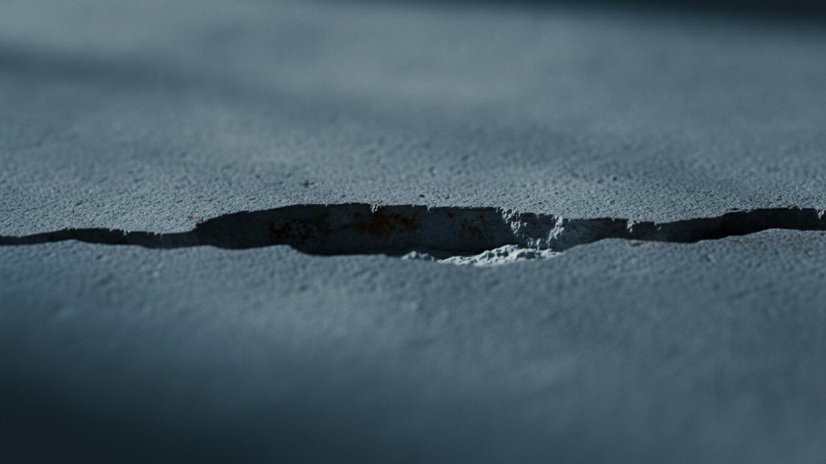 A low-angle close-up of a gray concrete surface split by a jagged horizontal crack with crumbled fragments inside it, the foreground and background blurred.