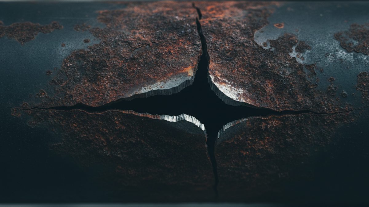 A close-up of a dark, rust-patched steel pipe torn open in a four-pointed rupture, its jagged bright metal edges curling around a black opening against a blurred background.