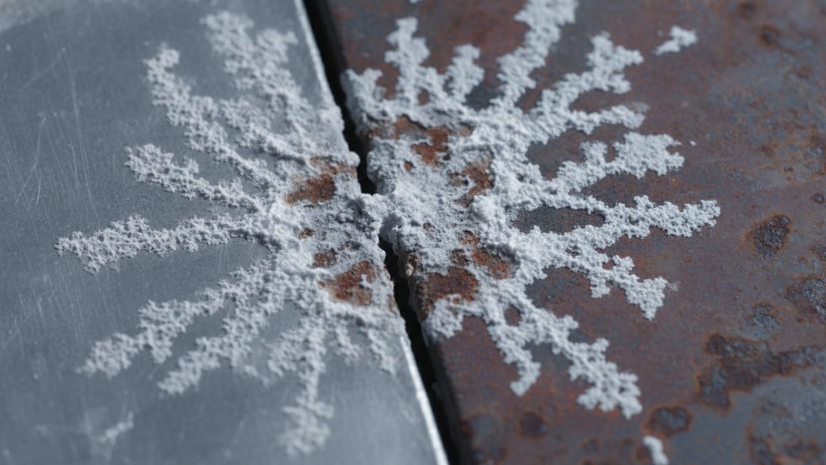 Two metal plates butt together along a narrow seam, one smooth and gray with fine scratches and the other rust-brown and stained, with white, powdery crystalline deposits spreading across the joint in branching, frost-like patterns.