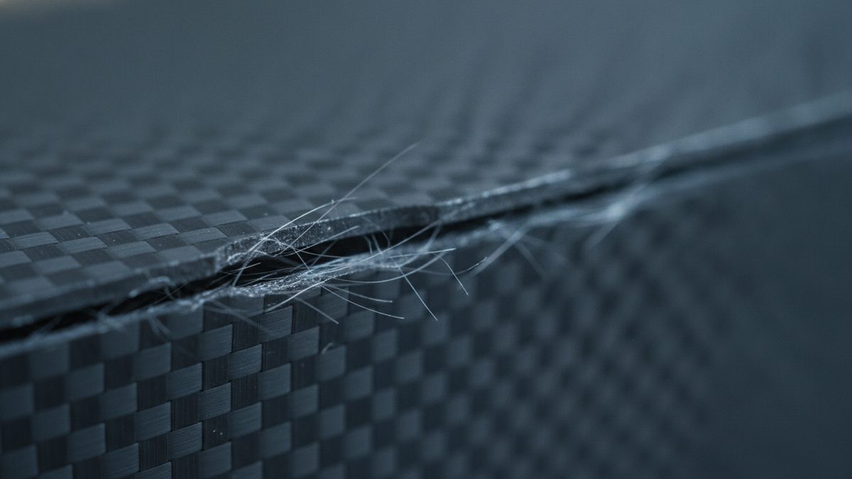 A close-up of a dark panel with a checkered woven texture, split along its edge where a thin upper layer has lifted away from the layer beneath, with fine white strands bridging the gap and the rest of the surface fading out of focus.