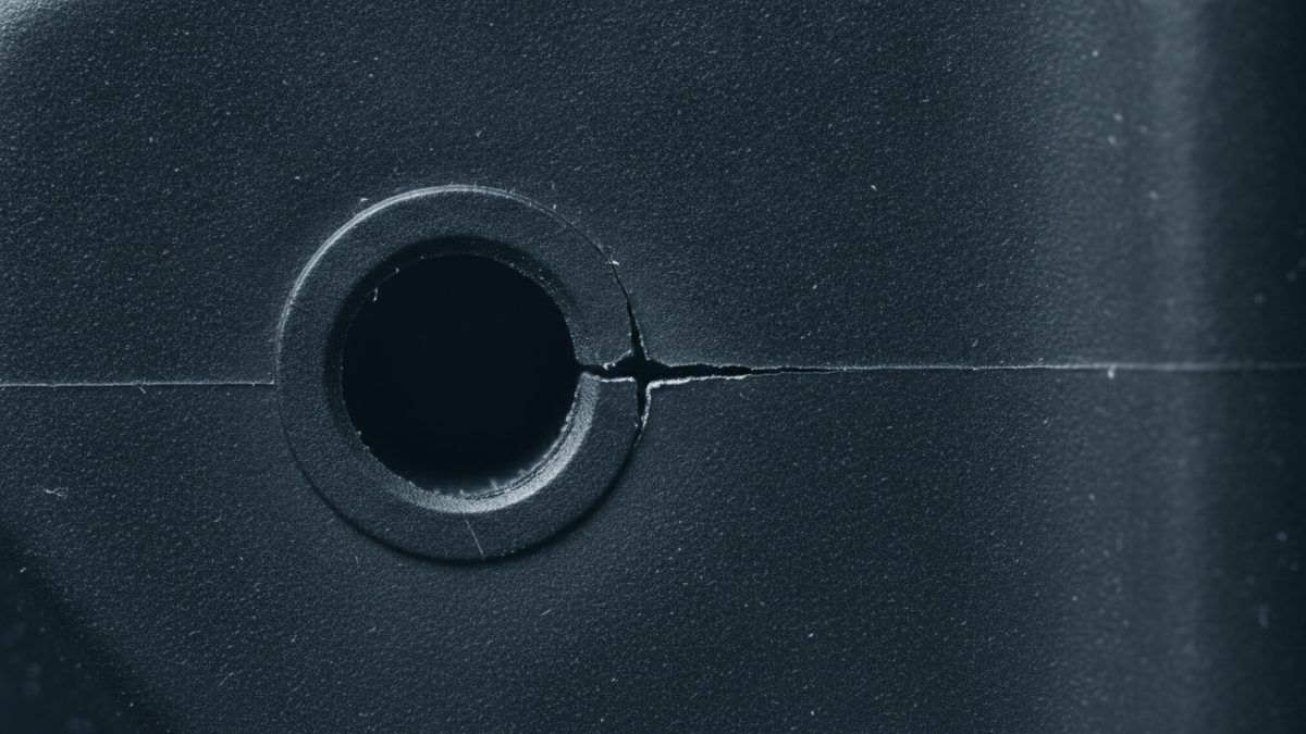 A close-up of a dark slate-gray textured surface with a round hole set in a raised ring, and a thin, straight line running horizontally across the whole frame through the hole, opening into a small jagged crack where it meets the ring on the right.