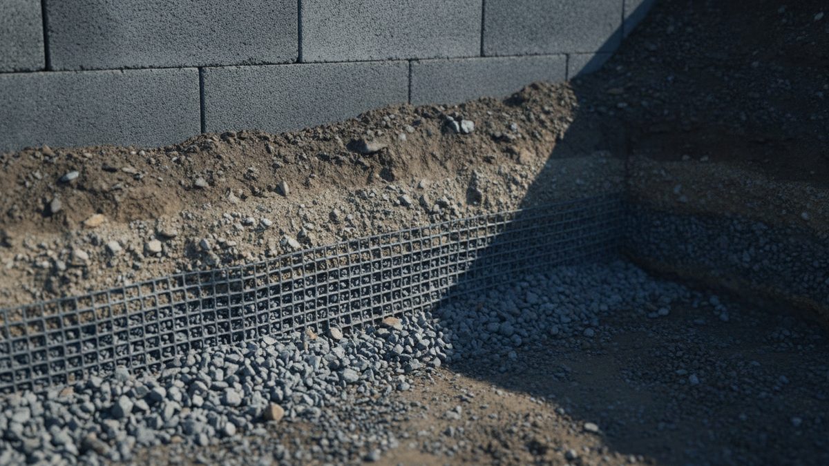 A gray concrete block wall with a sloping bank of brown soil and loose stones along its base, a strip of dark square-grid mesh running along the foot of that soil, and crushed gray gravel covering the foreground, with a diagonal shadow falling across the right half of the scene.