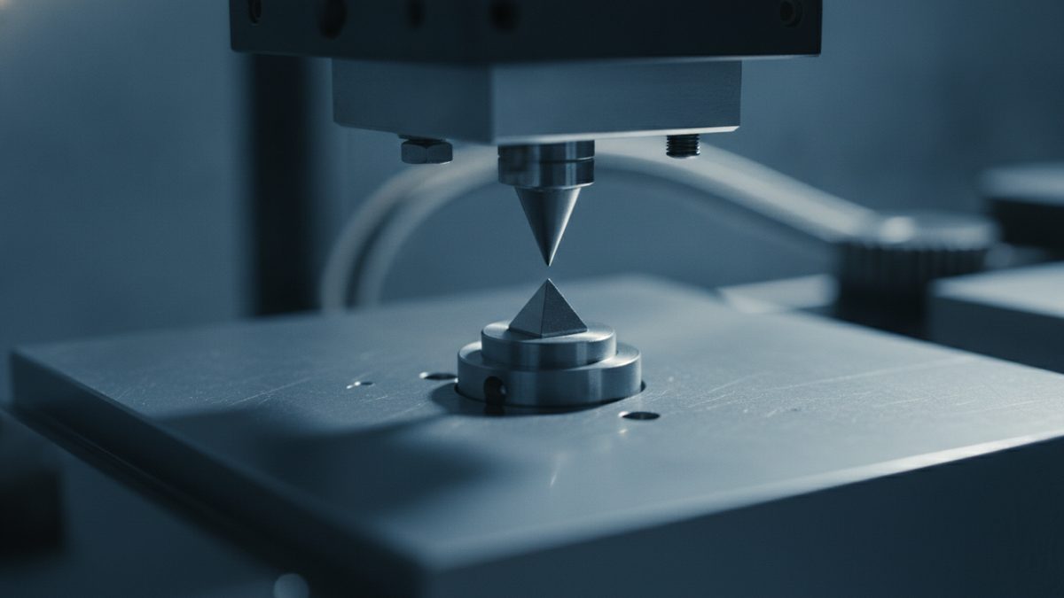 A close-up of a laboratory testing machine in cool blue-gray light, with a pointed conical indenter held just above a small pyramid-shaped piece seated on a round stepped holder in the middle of a flat, lightly scuffed metal table, cables and machine parts blurred in the background.