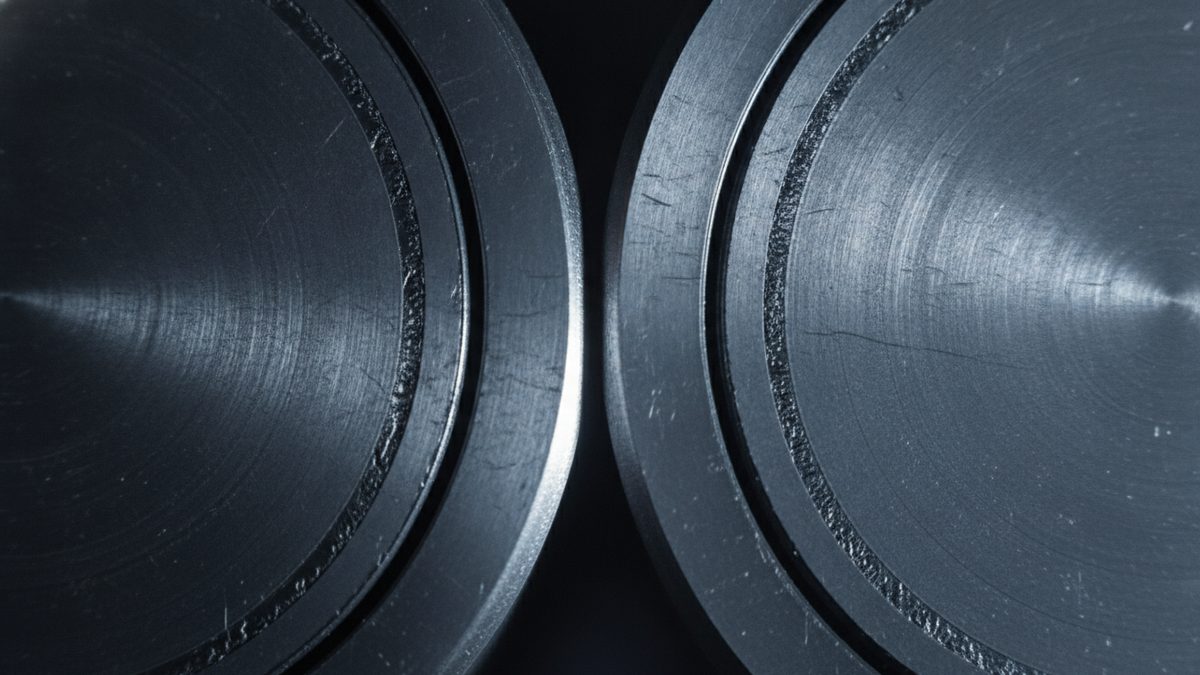 A close-up, blue-gray photograph of two round machined metal faces set side by side and almost touching, each marked with fine concentric tool lines and scattered scratches and ringed near its edge by a narrow groove with a rough, jagged texture.