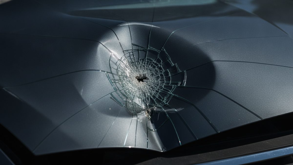 A close-up of a dark gray car hood with a deep round dent at its center, where a spiderweb of shattered, glass-like cracks radiates outward from a small hole across the curved metal under bright sunlight and shadow.