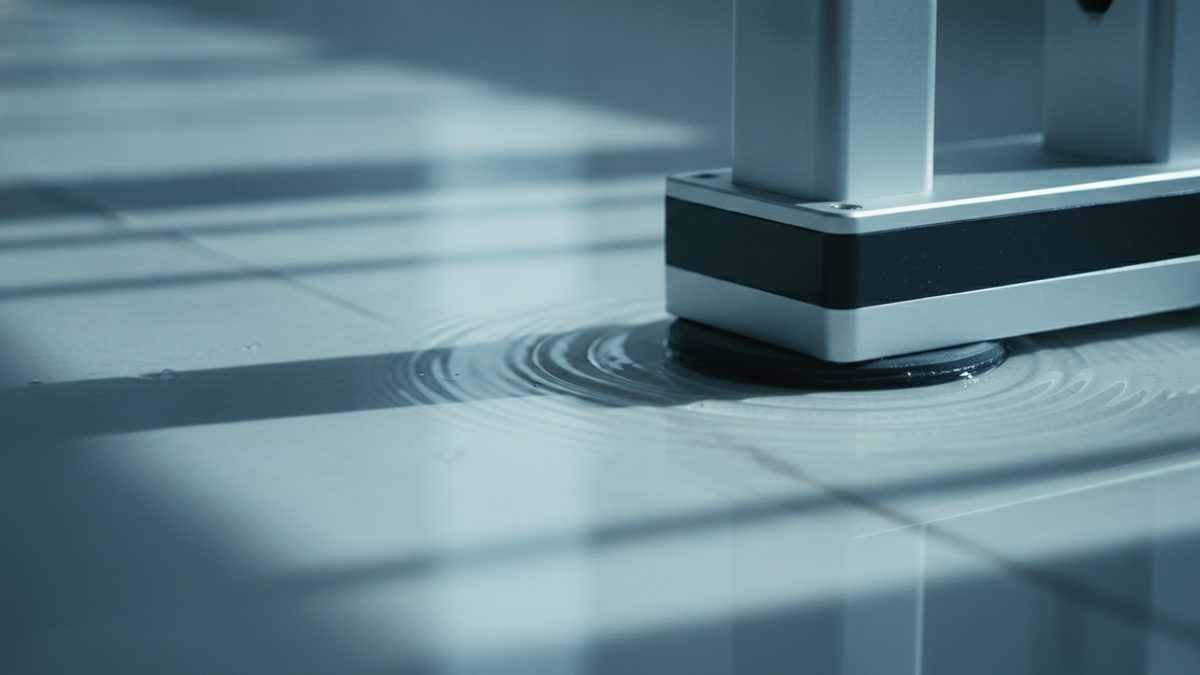 A brushed-metal device with a black band around its base rests on a round dark pad on a pale gray tiled floor, with concentric ripples spreading through a thin film of water around the pad and stripes of light and shadow falling across the tiles.