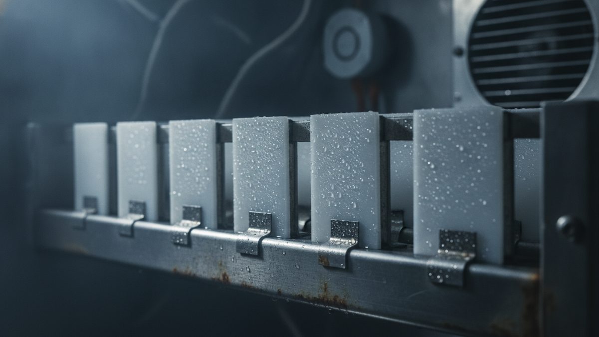 A row of white rectangular plastic specimens beaded with water droplets, each held by a metal clip on a rust-spotted steel rail inside a dim enclosure, with a circular fan grille at the upper right and a round fitting with cables blurred in the background.