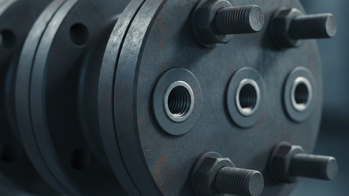 A close-up of a dark, rust-flecked steel flange joint with hex nuts on threaded studs protruding around its edge and a row of three empty threaded holes ringed by flat washers across its face, with further flanges stacked behind it and a blurred blue-gray background.