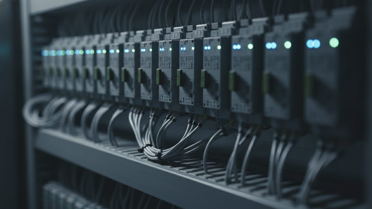 A long row of gray DIN-rail-mounted electrical modules with small glowing blue and green status lights inside a dark enclosure, bundles of gray wires looping down from them into a slotted cable tray, the far end of the row falling out of focus.