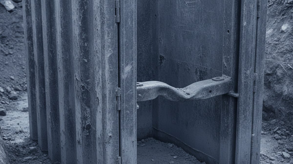 A close-up, blue-gray toned photograph of weathered steel shoring panels standing in an excavation, with a horizontal steel bar bent into a kink spanning between two of the panels, loose soil and stones on the ground, and dirt walls rising on both sides.