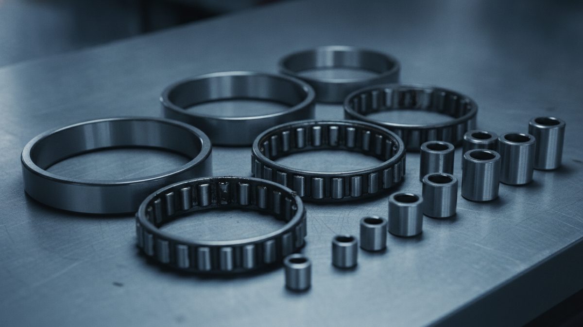 Three plain bearing rings and three roller cages filled with cylindrical rollers lie on a brushed steel workbench beside two diagonal rows of short hollow steel sleeves that increase in size toward the back, all in cool blue-gray light.