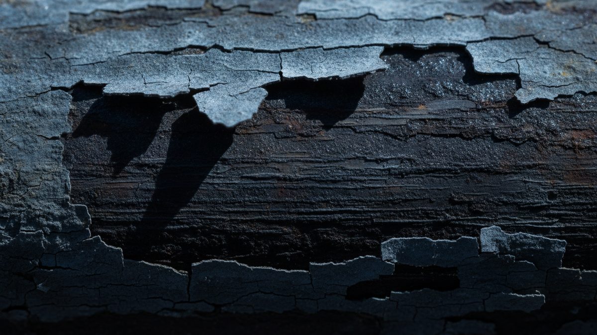 A close-up of a dark, rust-flecked surface with horizontal ridges and streaks, framed above and below by cracked, peeling flakes of pale blue-gray coating that curl away from it and cast long shadows across the exposed area.