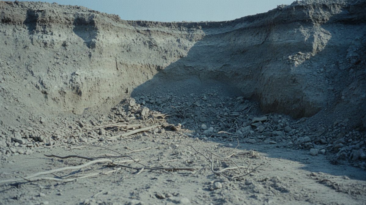 A steep, gray cut through a layered earthen bank opens onto a floor of loose rubble, broken rock and scattered dry branches under a pale blue sky, with the right side of the cut in shadow.