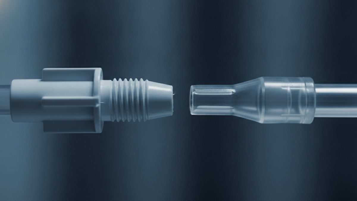 A close-up photograph of two small plastic tubing connectors facing each other across a narrow gap against a dark blue-gray background, an opaque pale gray connector with a winged collar and a threaded, tapered tip on the left and a clear, flared plastic hub on the end of a transparent tube on the right.