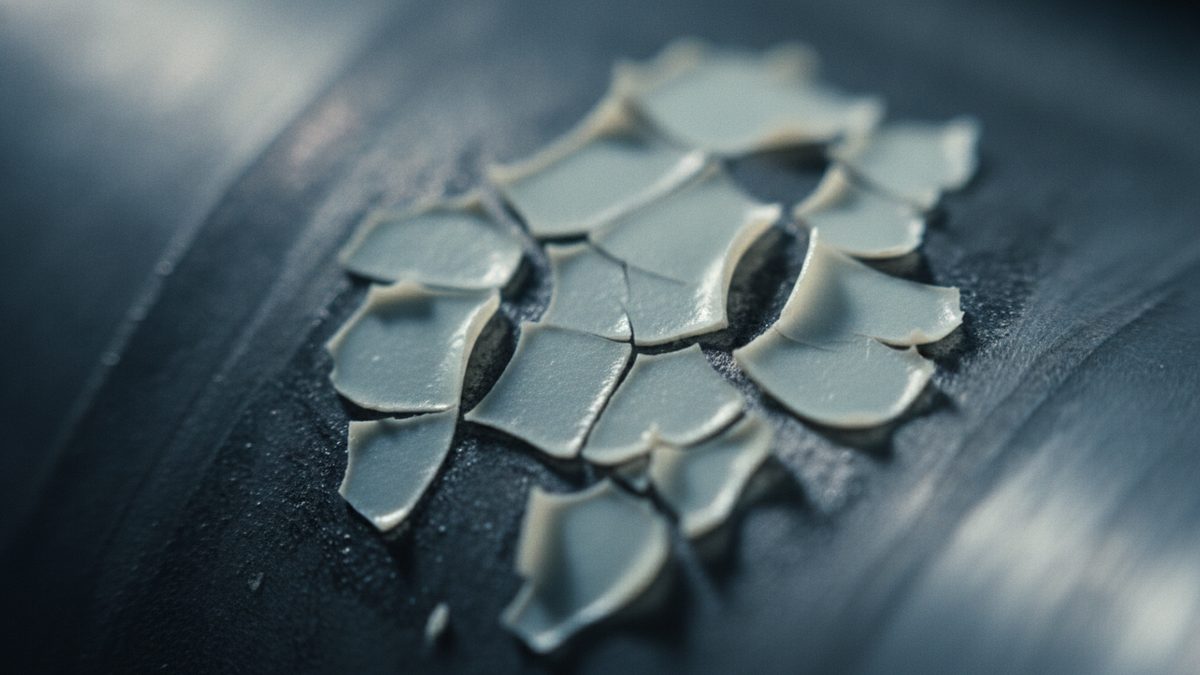 Pale gray, curled flakes of cracked coating lift away in a cluster from a patch of dark, gritty exposed surface on a curved dark metal part, shot in close-up with a shallow depth of field.
