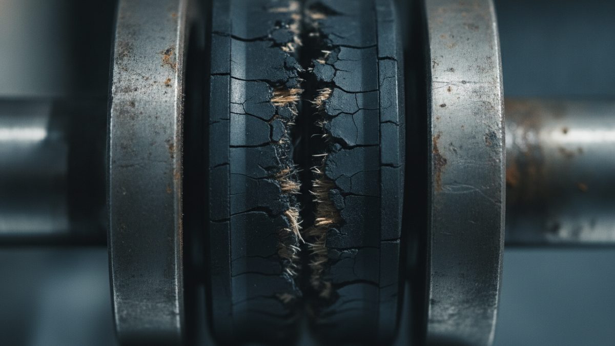 A close-up of two rust-spotted steel rings on a horizontal shaft, with a dark, deeply cracked rubber-like element between them that is split down the center and shows frayed tan fibers, against a blurred gray background.