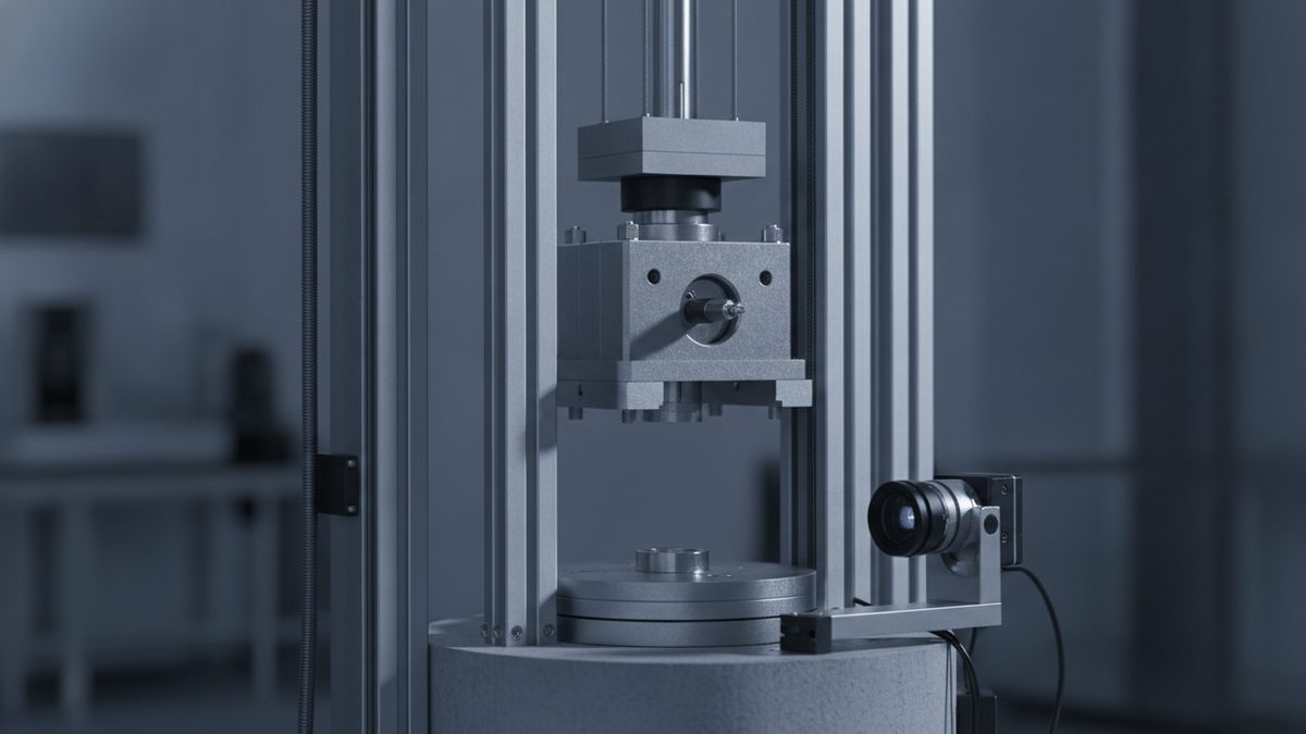 A vertical test rig built from aluminum rails holds a square metal fixture on a rod above a round base plate, with a small camera on a bracket at lower right and a blurred blue-gray laboratory behind it.