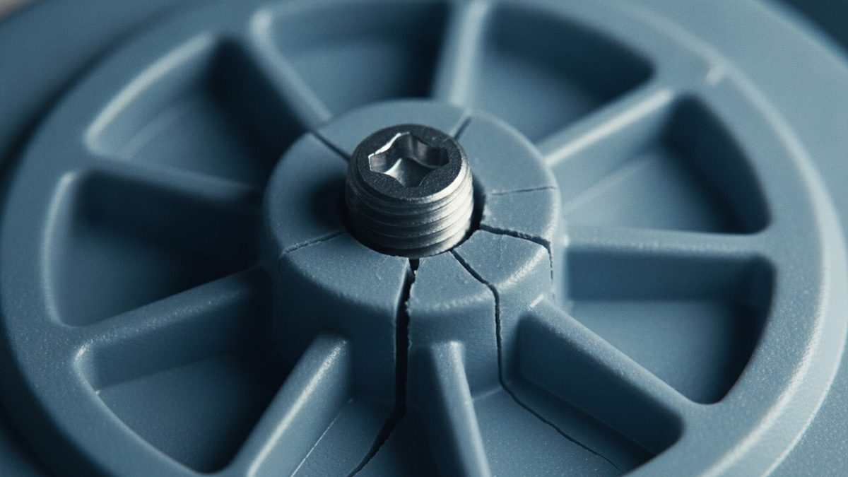 A close-up of a blue-gray, wheel-shaped plastic part with radial ribs and an outer rim, with a threaded metal screw seated in its central boss and several cracks running outward from the boss across the hub and between the ribs.