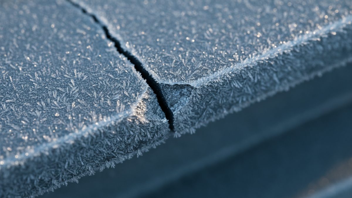 A close-up of a frost-covered, blue-gray slab split by a dark, jagged crack that runs across its top face and down over its edge, with feathery ice crystals on every surface and a shadowed side face blurring away to the lower right.