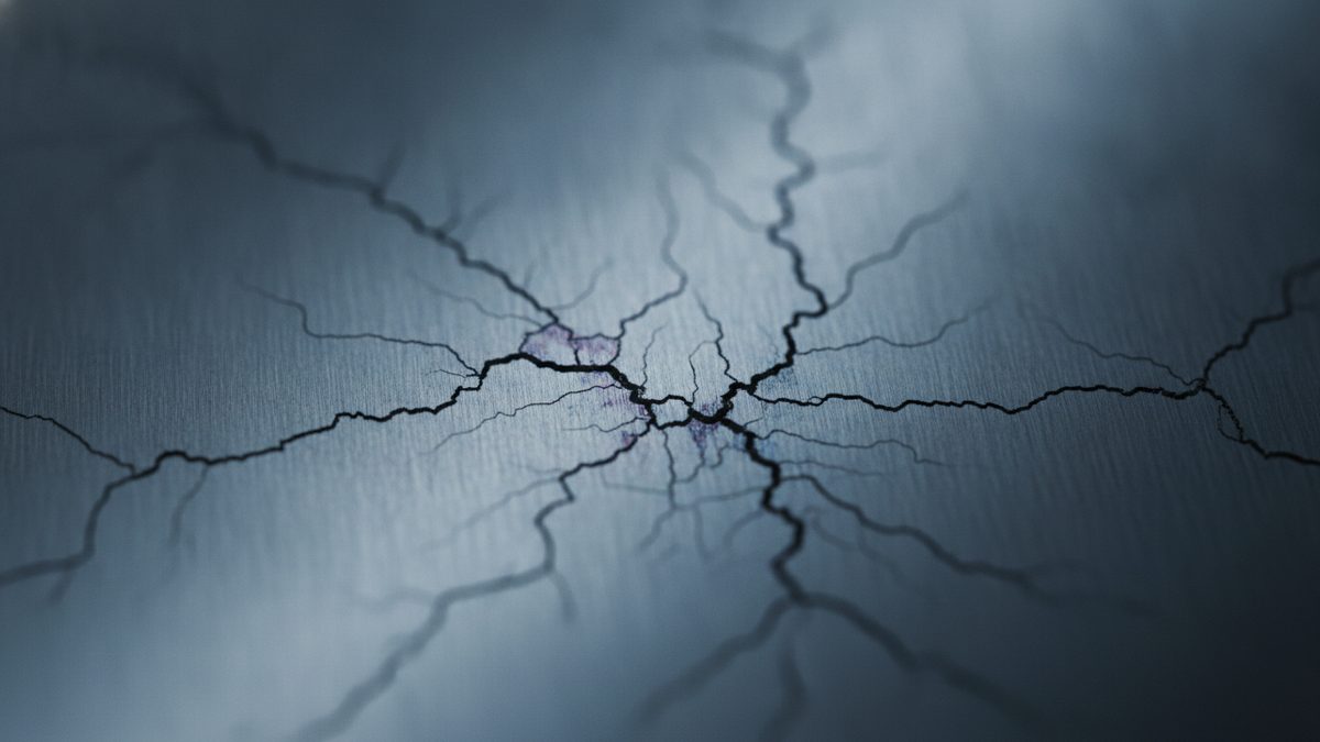 Close-up of a brushed blue-gray metal surface split by a network of dark, jagged cracks that branch outward in every direction from a central point, with faint purple staining where the cracks meet and the edges of the frame falling into soft blur.