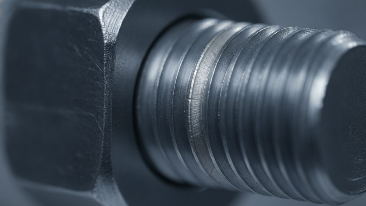 An extreme close-up in cool blue-gray tones of a hex nut on the left seated against a dark ring, with the threaded end of a bolt extending to the right, a bright scratched band worn across one thread crest, and a softly blurred gray background.
