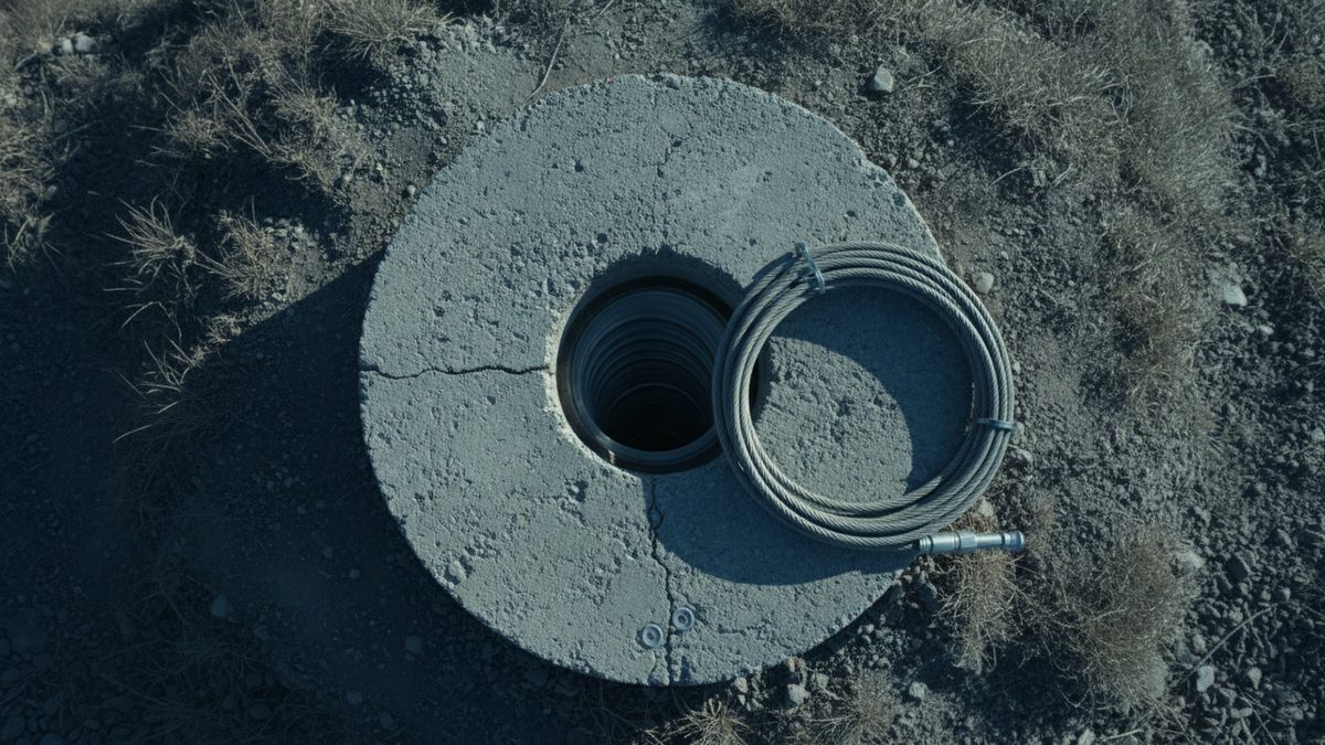 An overhead view of a cracked circular concrete pad set in gravelly ground with tufts of dry grass, with a ribbed pipe casing visible down a round hole at its center and a coil of steel wire cable ending in a metal fitting lying on the pad beside the opening.