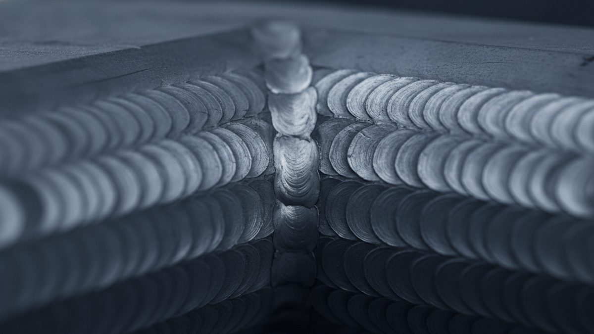 An extreme close-up, in cool blue-gray tones, of rows of overlapping, scale-like weld ripples running in from both sides to meet a central vertical weld bead, with the flat top edge of the steel plate above and the lower rows falling out of focus.
